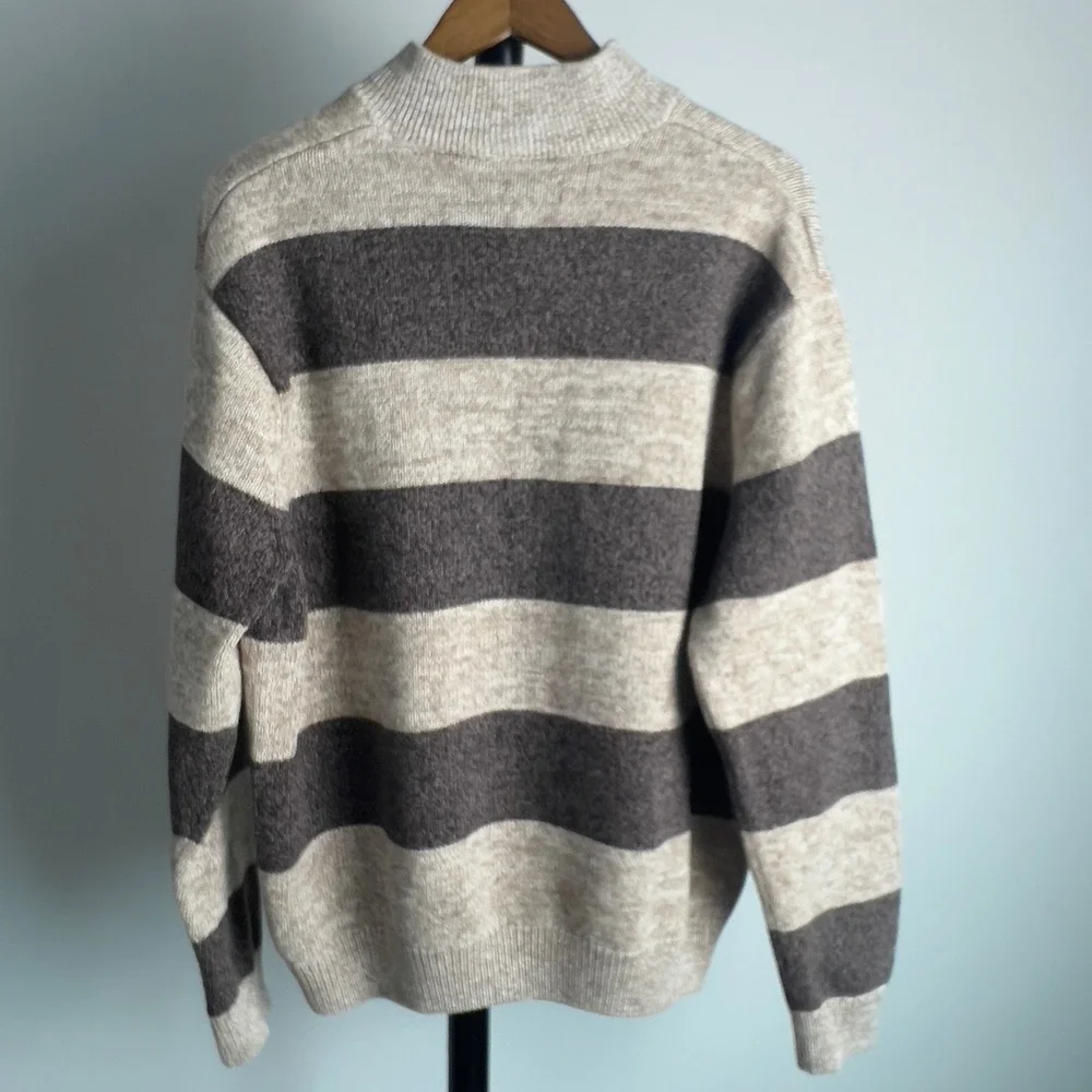Chaps Mens XXL Brown Tan Striped 1/4 Zip Cotton Knit Mock Neck Sweater Pullover